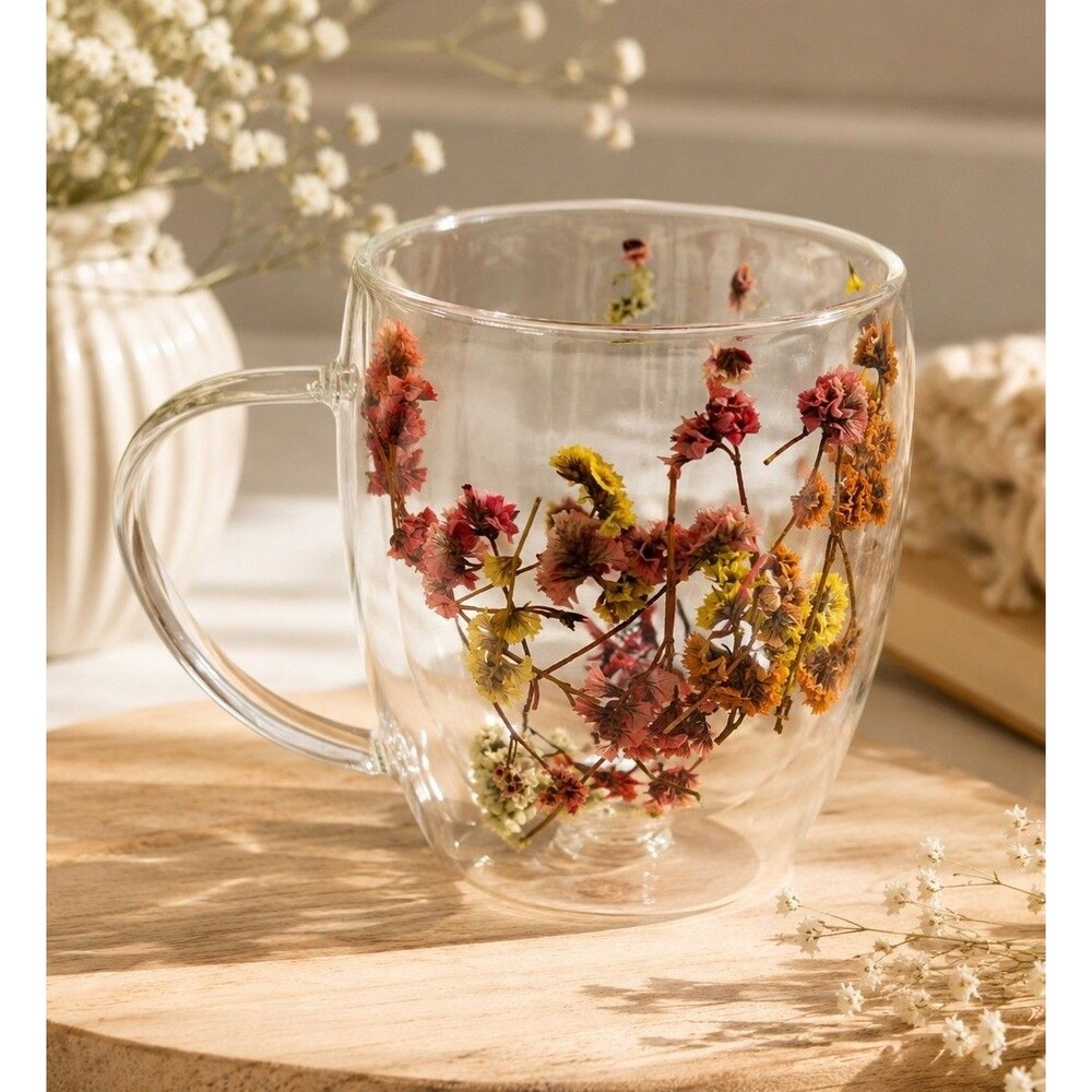 Double Wall Glass Mug Real Dried Flowers Botanical Floral Tea Coffee Cup Cottage